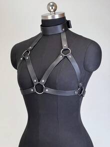 哥特风PU皮革胸带 街头朋克摇滚异域风胸带 可调节 朋友聚会配饰 - 黑色 - 查看 2