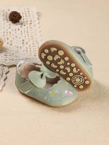 1 Pair Newborn Infant Girl Flower Bow Decor Fashion Versatile Princess Shoes, Suitable For Spring & Autumn - Green - View 2