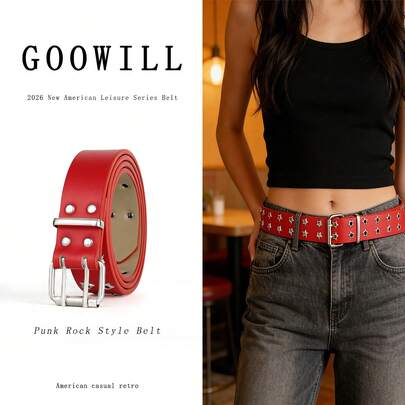 Thắt lưng da đỏ đính sao phong cách Y2K dành cho nữ - Thắt lưng đinh tán phong cách Punk có thể điều chỉnh độ rộng, phù hợp với quần jeans.