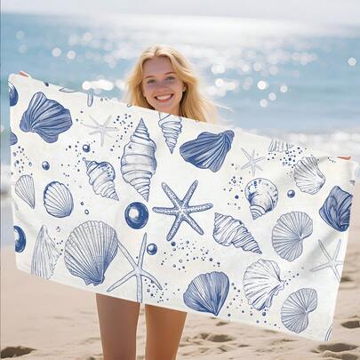 1 khăn tắm biển in hình vỏ sò, mềm mại, thoải mái, nhẹ, thích hợp cho du lịch, bơi lội, lặn biển, lướt sóng, yoga, cắm trại và các phụ kiện bãi biển khác.