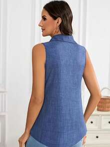 Women's Denim Style Sleeveless Shirt - Lapel Button Shirt. Casual Denim Blue Vest Top For Summer - Office Sleeveless Blouse. - Denim Blue - View 2