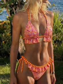 2026 Summer Women's Cute Ditsy Floral Spaghetti Strap Backless Bikini Top, Suitable For Beach Vacation. Backless Tie Ditsy Floral Bikini, Women's Two Pieces Swimsuit, Summer Style - Multicolor - View 3