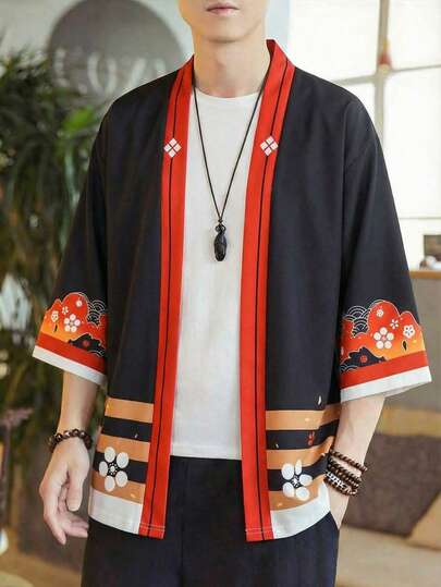 Japanese Style Red Cherry Blossom & Blue Wave Print 3/4 Sleeve Robe, Retro Loose Fit Sunscreen Cardigan, Men's Kimono Jacket