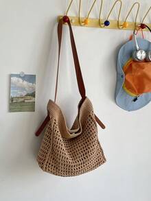 Nueva bolsa de mano minimalista tejida y calada, de gran capacidad, bolso de hombro único y de alta gama, perfecto para vacaciones y viajes diarios. - Marrón - Ver 7