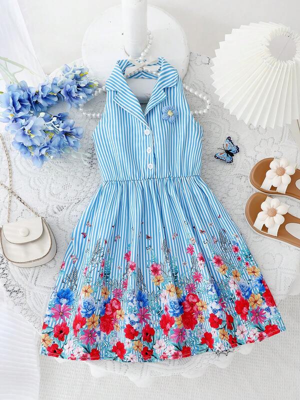 Sweet Vacation Style Young Girl Formal Dress With 3D Floral Embroidery, Floral Vacation Spaghetti Strap Dress, Blue Striped Floral Dress, Summer Holiday Sweet And Elegant