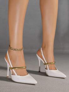 女士白色时尚优雅尖头细高跟鞋，舒适简约百搭浅口鞋 - 白色 - 查看 4