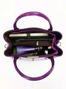 新款时尚女士母女包套装，亮面鳄鱼纹压花皮革大容量手提包 - 紫色 - 查看 5