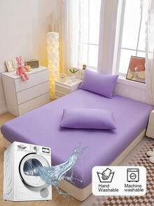 1 Juego de sábana ajustable de tela suave cepillada (1*Sábana ajustable + 2*Fundas de almohada), adecuado para dormitorio y habitación de invitados, para todas las estaciones, lavable a máquina, color: Verde musgo/Azul/Café oscuro - Púrpura malva - Ver 2