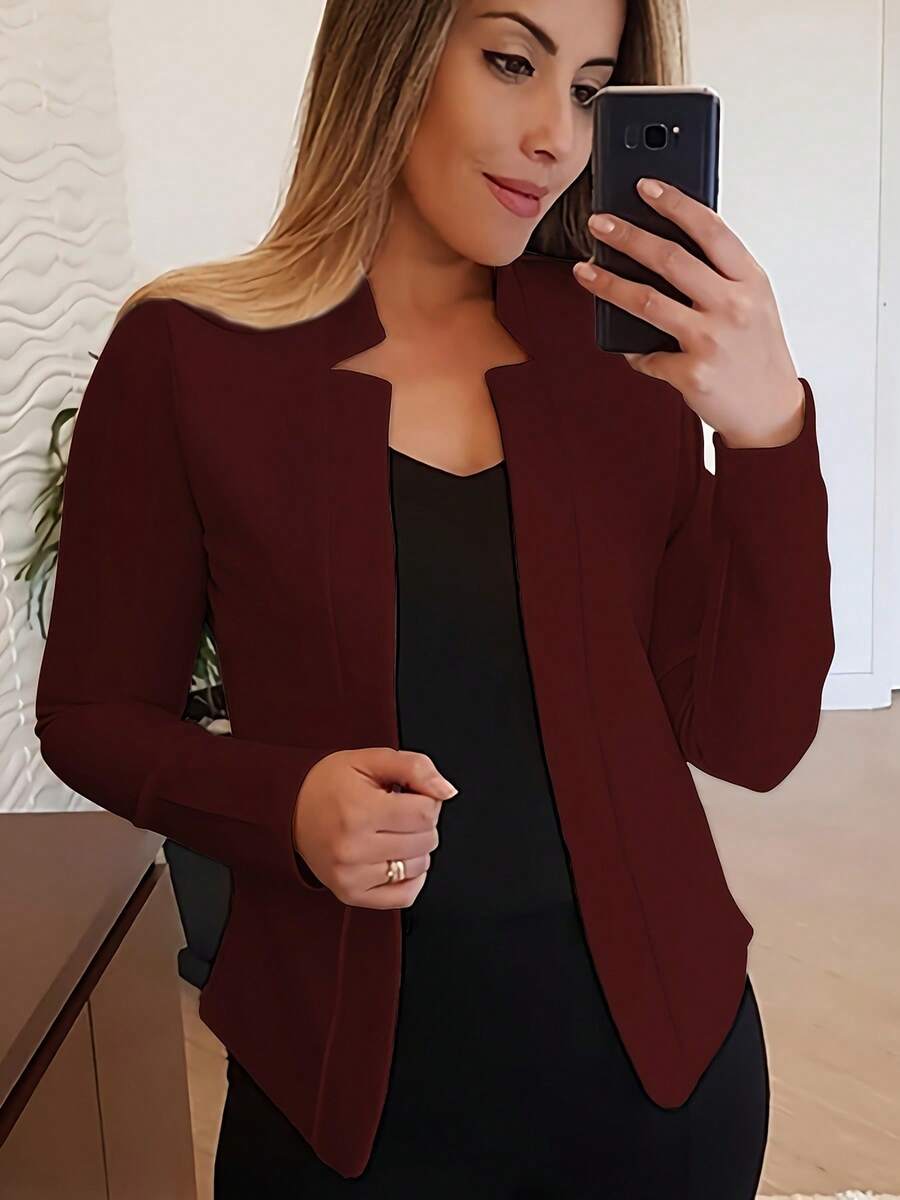 1 pieza Chaqueta casual de mujer de unicolor con cuello alto, adecuada para la oficina, primavera y otoño - Burdeos - Ver 1