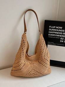 新款极简主义单肩编织手提包，女士款 - 卡其色 - 查看 7