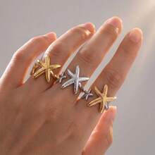 3pcs/Set 18K Gold Plated 304 Stainless Steel Starfish Rings, Fashionable Stackable Beach Style Rings Suitable For Women And Teen Girls - Multicolor - View 4