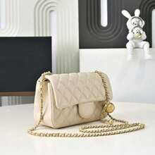 Beige Quilted Leather Crossbody Bag With Gold Chain And Spherical Charm – Women's Flap Wallet, Elegant Everyday Shoulder Bag - 米色 - 查看 4