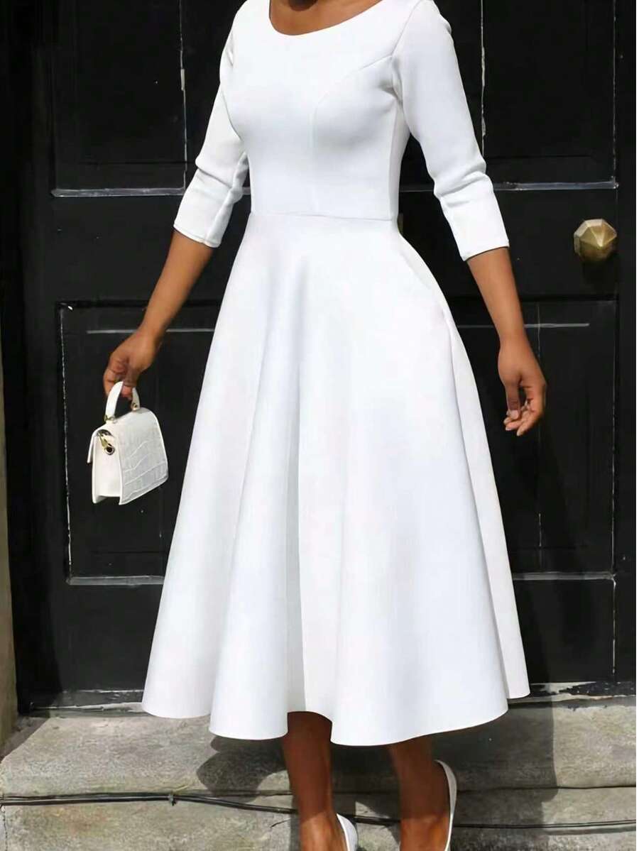 Women's Mid-Length Solid Color Three-Quarter Sleeve Dress, Flattering U-Neck With Pockets And Full Skirt. - White - View 1