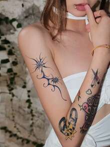 Pegatina de tatuaje mágico semipermanente de jugo de hierbas, tatuaje simple mini para mujeres, pegatina de tatuaje de patrón geométrico abstracto, tatuajes de festival, tatuaje semipermanente impermeable y no reflectante de 7-14 días, pegatina de tatuaje semipermanente para muñeca, hombro, cuello, clavícula y Body, 1 hoja - Azul - Ver 2