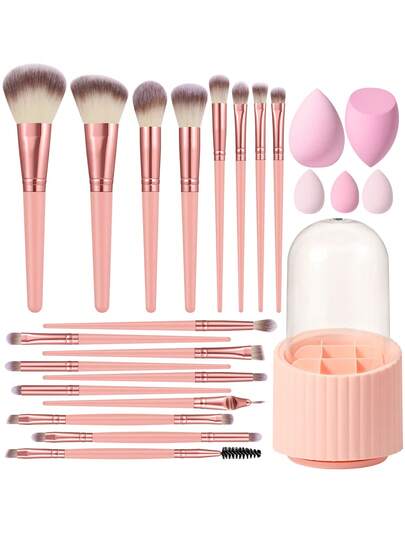24 PIEZAS Juego de herramientas de maquillaje que incluye: 18 PIEZAS Juego de brochas de maquillaje + 2 PIEZAS Esponjas de maquillaje + 3 PIEZAS Esponjas de maquillaje mini + 1 Cubo de almacenamiento