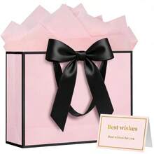 13" Gift Bag With Handles And Bow Ribbon Large Gift Bag With 3 Tissue Paper And 1 Card For Birthdays Baby Showers Wedding Bridal Showers Mother's Day Light Pink - Light Pink - View 1