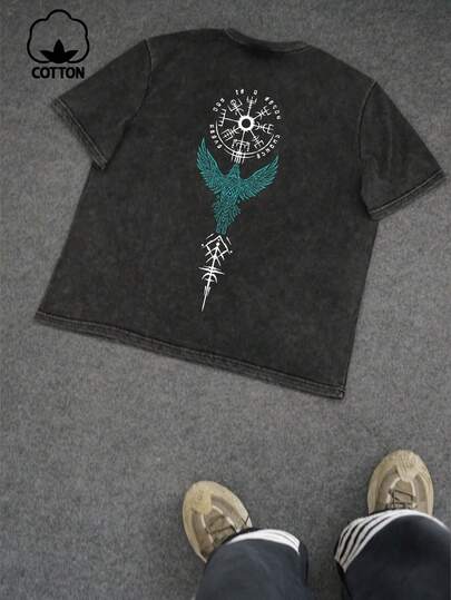 Áo thun ngắn tay nam cỡ lớn, kiểu dáng thường ngày, in hình chim đại bàng, chất liệu vải mài, thích hợp cho mùa hè.