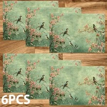 Bộ 4/6/8 tấm lót bàn ăn họa tiết chim và hoa cổ điển, trang trí tiệc, thảm trải bàn bằng vải lanh (khăn trải bàn in có thể giặt), tấm bảo vệ bề mặt, vật trang trí lý tưởng cho nhà bếp trong dịp lễ và các buổi họp mặt gia đình. - Nhiều màu - Xem 13