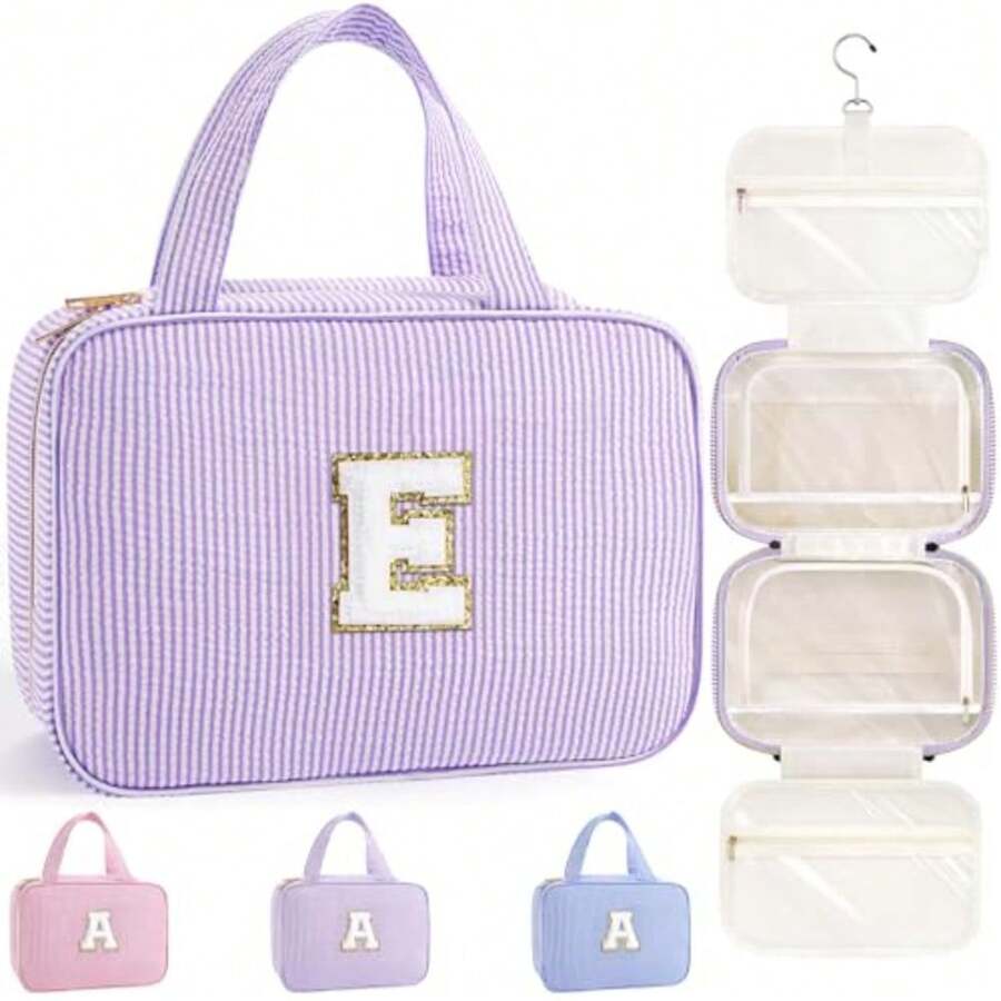 Teen Girl Gifts Trendy Stuff - Birthday Gifts for 7 8 9 10 11 12 13 14 15 16 17 18 Year Old Teen Girls Hanging Toiletry Bag Initial Makeup Bag - Letter E Purple - Morado - Ver 1
