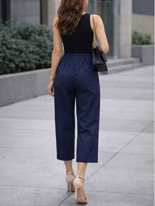 Pantalón dama mujer cintura elástica delgado y fresco para verano de moda casual unicolor - Azul Marino - Ver 2