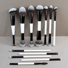8/12支双头化妆刷套装，包含散粉刷、粉底刷、腮红刷、遮瑕刷、眼影刷、眼线刷、唇刷等，女士及女孩适用化妆工具 - 黑與白 - 查看 3