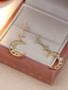 1 Pair Women's Earrings, Star & Moon Inlaid Synthetic Zirconia Earrings, Elegant Design Fashion Versatile Jewelry Suitable For Women's Daily Wear And Gifts - Earrings Earrings - View 4