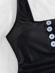 Women's Elegant High Stretch Bikini Set With Straps And Button Details, More Coverage Summer Swimsuit - Black - View 6