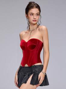 Women's Strapless Bustier, Side Zipper Design, Back Tie Closure, Regular Length Crop Top, Suitable For Party, Ball, Halloween, Retro Outfit Summer - Red - View 3