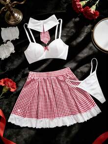 6件套女士性感内衣套装，蝴蝶结装饰双排扣文胸（可调节肩带）和丁字裤，格子迷你裙，纯色丁字裤，蕾丝手链，角色扮演制服诱惑睡衣套装 - 紅色 - 查看 7