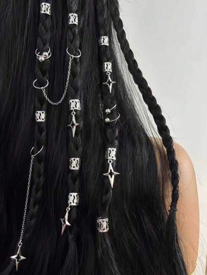 Zestaw srebrnych koralików do włosów i pierścionków do dredów w stylu vintage, 30 szt. punkowych spinek do włosów z łańcuszkiem, akcesoria do włosów boho dla kobiet