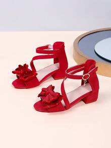 1 par de sandalias de tacón alto de verano para niñas, tacón grueso de punta puntiaguda, decoración de lazo de doble capa con strass, tacones altos de moda con tiras trenzadas rojas, adecuados para fiestas y reuniones - Rojo - Ver 6
