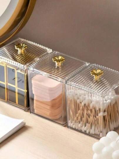 奢华透明罗纹塑料收纳盒，配金色装饰提手 - 防尘浴室收纳盒，可存放棉签、发饰和办公用品
