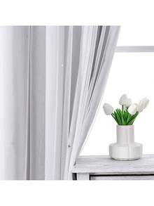 1pc Hollow Star Sheer Curtain, Polyester Lace Double-Layer Blackout Curtain For Living Room Bedroom, Cute Style - 白色 - 查看 7