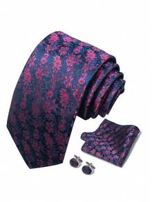 1 Set de corbata, pañuelo de bolsillo y gemelos de 3 piezas con estampado floral para hombres, adecuado para accesorios formales de novio en bodas y atuendo de negocios - colores mezclados - Ver 3