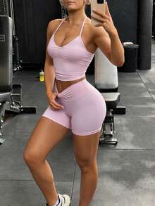Aoqta Sports Women's Summer Casual Solid Color 2-Piece Set, Sleeveless Backless Ruched Chest Padded Fitted Halter Top And Tight Tummy Control Lifting Shorts, Suitable For Yoga, Running, Workout, Daily Wear - Pink - View 3