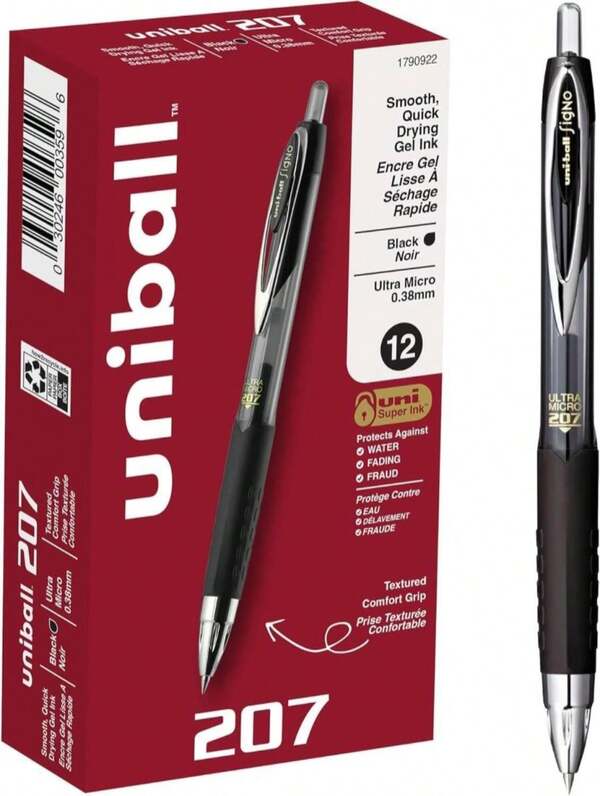 Bolígrafos de gel retráctiles Uniball 207, punta ultramicro (0,38 mm), negro, paquete de 12