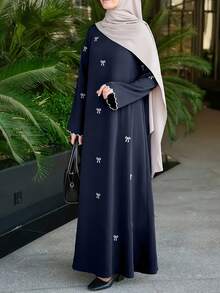 女款優雅蝴蝶刺繡伊斯蘭 Abaya 長袍，長版正式與休閒款 Ramadan 禮服，落地長裙，秋季款 - 藏蓝色 - 查看 2