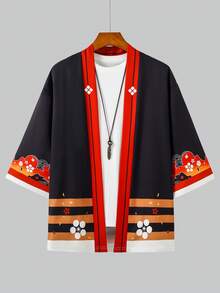 Japanese Style Red Cherry Blossom & Blue Wave Print 3/4 Sleeve Robe, Retro Loose Fit Sunscreen Cardigan, Men's Kimono Jacket - Black - View 4