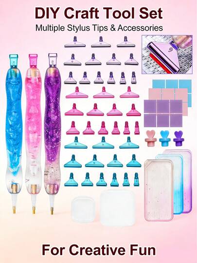 一套24支装DIY树脂钻石画笔套装，包含替换笔尖、胶水和透明收纳盒，多种颜色可选，适合钻石画爱好者和美甲爱好者。