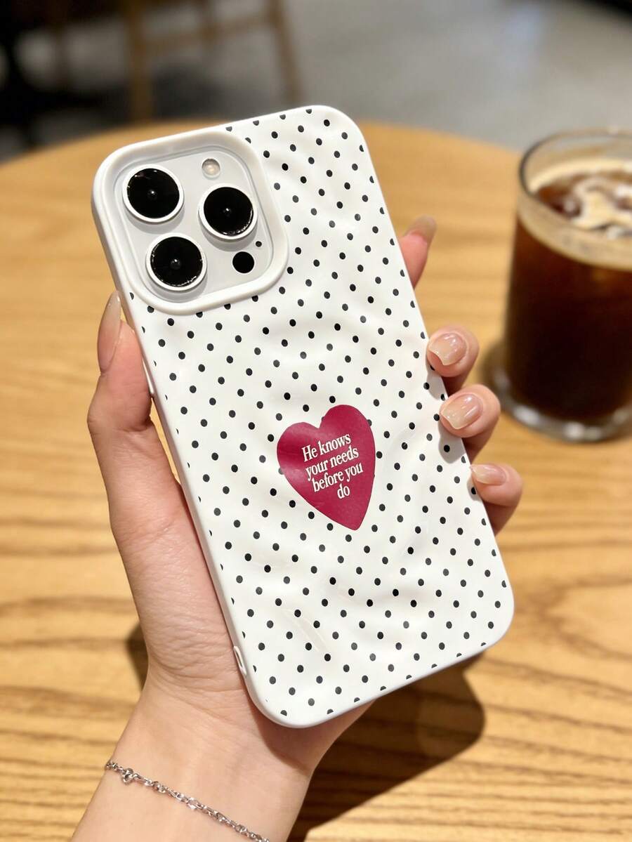 1pc Retro Polka Dot Heart Pattern Ripple Wrinkle Phone Case, Suitable For IPhone 17 Pro Max/17 Pro/16 Pro Max/16 Pro/16/15 Pro Max/15 Pro/15/14 Pro Max/14/13 Pro Max/13 Pro/13/12 Pro Max/12 Pro/12/11, Dustproof Waterproof Shockproof Soft Case - White - View 1