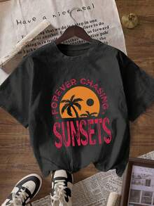 Nueva camiseta popular para mujeres europeas y americanas, informal, multicolor, de cuello redondo, manga corta, sencilla, a la moda, deportiva, de color sólido, holgada y estampada. - Negro - Ver 6