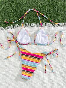 Bộ đồ bơi hai mảnh gợi cảm, tối giản, thanh lịch dành cho nữ, kiểu cổ yếm buộc dây, họa tiết sọc toàn thân, thích hợp cho kỳ nghỉ biển, hàng mới về mùa xuân/hè. - Nhiều màu - Xem 3