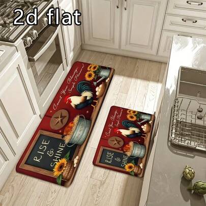 1 pieza/2 piezas/3 piezas Felpudo de cocina con estampado de girasol y gallo, alfombra y almohadilla de cocina de estilo rústico antideslizante, absorbente y cómoda para estar de pie, decoración de cocina perfecta, lavable a máquina, apta para el baño