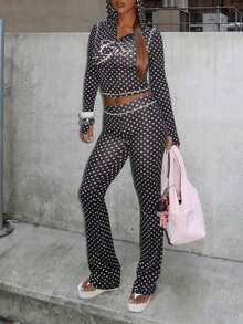 Women's Casual Graphic Print "Girl" Zip-Up Hoodie And Pants Set, Street Style Sporty Long Sleeve 2-Piece Outfit, Suitable For Party And Gathering Wear, Autumn - 黑色波點 - 查看 4