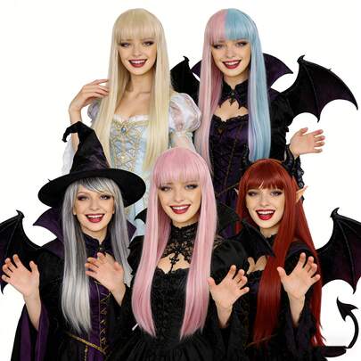 长直发合成动漫角色扮演假发，带刘海 – 耐热纤维，外观自然，适合女性，完美适用于节日、女巫装扮、主题活动、日常及派对佩戴，提供粉蓝、金紫、红棕色、粉色、金色和灰金色等多种色调。