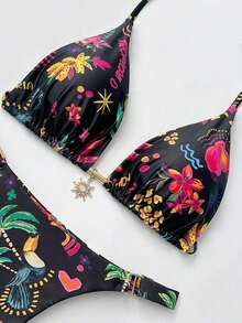 2026 Women's Beach Outfit, Tie-Up Halter Backless, Irregular Pattern Print Design, Metal Sun Pendant Decor, Elegant Bikini Two Pieces Suitable For Summer Beach Vacation, Beach Party And More - 黑色 - 查看 4