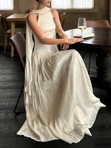 优雅女士缎面吊带褶皱连衣裙，适合毕业典礼、晚宴、奢华伴娘礼服、飘逸婚礼宾客装、假日旅行春季派对穿着 - 杏色 - 查看 6