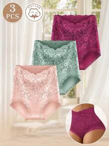 MEIYATING 3pcs High Waist Slimming Women's Panties, Jacquard Pattern, Comfortable Fit, Lifting & Covering Design With Lace Trim - Multicolor - View 5
