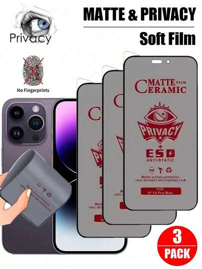3片装磨砂陶瓷防窥屏保护膜，适用于 16/16 Plus/16 Pro/16 Pro Max/15/15 Pro/15 Plus/15 Pro Max/14/13/12/11，生日礼物，送给家人和朋友，防窥屏，手机屏幕保护膜，手机配件