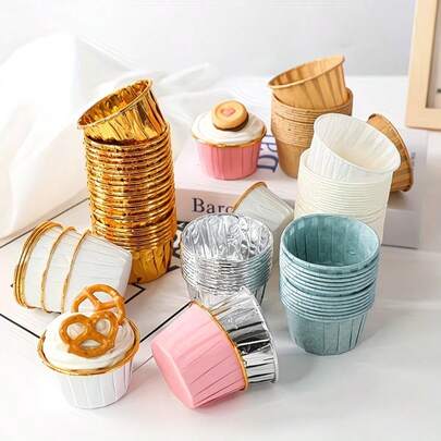 12种鲜艳色彩！金色箔纸蛋糕衬垫，带金色边缘，适用于烤箱和空气炸锅，生日婚礼派对甜点烘焙纸杯